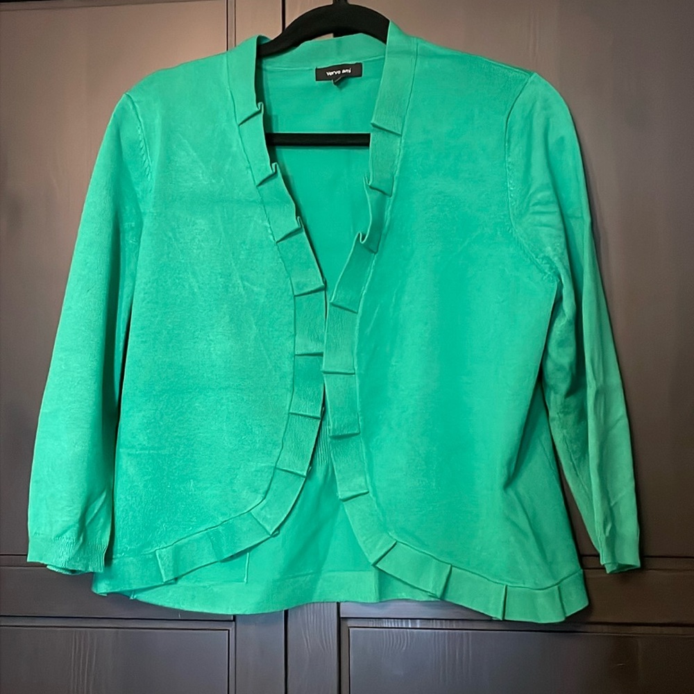 Verve Ami Green pleated 3-quarter sleeve sweater